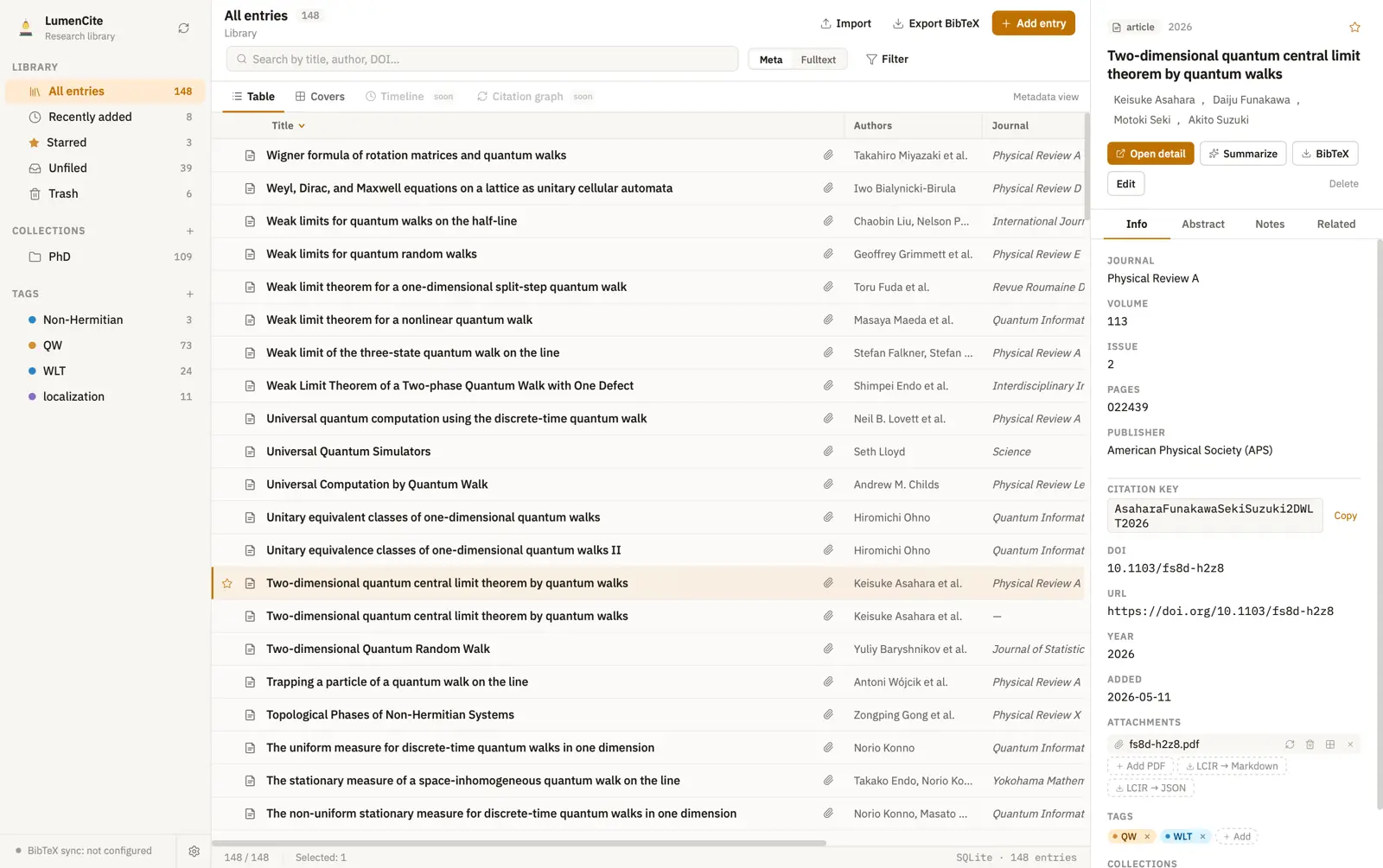 The LumenCite library view: collections and tags on the left, the reference list in the center, and the detail panel for the selected paper on the right